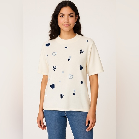 Teddi Tops - Teddi Woman Ivory Sweater with Blue Heart Embroidery – Size 2X